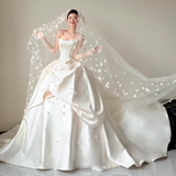 Modest White Strapless Long Ball Gown Elegant Wedding Dress Simple Quinceanera Dress HZ1121