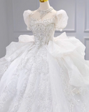 Sparkly White Square Neck Bridal Dress Tulle Beaded Ball Gown Short Sleeve Long Wedding Dresses Luxury Floor Length Applique Bridal Gowns HZ1121