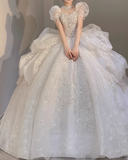 Sparkly White Square Neck Bridal Dress Tulle Beaded Ball Gown Short Sleeve Long Wedding Dresses Luxury Floor Length Applique Bridal Gowns HZ1121