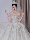 Modest White Wedding Dresses Tulle Sparkly Ball Gown Elegant Bridal Dress Beaded Short Sleeve Bridal Gowns HZ1121