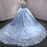 Gorgeous Sky Blue Off-the-shoulder Tulle Long Ball Gown with Flower Sweet 16 Birthday Dress Cute Quinceanera Dress HZ1121