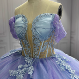 Gorgeous Purple Off-the-shoulder Tulle Long Ball Gown Appliques Sweet16th Birthday Dress Cute Quinceanera Dress HZ1121