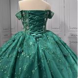Gorgeous Dark Green Off-the-Shoulder Tulle Long Ball Gown Appliques Sweet 16th Birthday Dress Cute Beaded Sequin Quinceanera Dress HZ1121