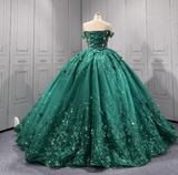 Gorgeous Dark Green Off-the-Shoulder Tulle Long Ball Gown Appliques Sweet 16th Birthday Dress Cute Beaded Sequin Quinceanera Dress HZ1121