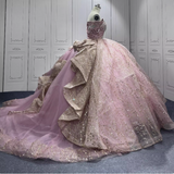 Gorgeous Rose Gold Off-the-shoulder Tulle Long Ball Gown Sparkly Sweet16th Birthday Dress Cute Beaded Sequins Quinceanera Dress HZ1121