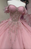 Gorgeous Pink Off-the-shoulder Tulle Long Ball Gown Sweet Applique Beaded 16th Birthday Dress Cute Quinceanera Dress HZ1121