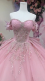 Gorgeous Pink Off-the-shoulder Tulle Long Ball Gown Sweet Applique Beaded 16th Birthday Dress Cute Quinceanera Dress HZ1121