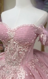 Gorgeous Pink Off-the-shoulder Tulle Long Ball Gown Sweet Applique Beaded 16th Birthday Dress Cute Quinceanera Dress HZ1121