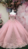 Gorgeous Pink Off-the-shoulder Tulle Long Ball Gown Sweet Applique Beaded 16th Birthday Dress Cute Quinceanera Dress HZ1121