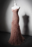Modest Pink Mermaid Evening Gowns Tulle Tiered Sweetheart Neck Long Prom Dress Graduation Dress HZ1121