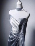 Elegant Light Gray Blue Mermaid Evening Gowns Strapless Satin Long Prom Dress Modest Sleeveless Formal Dress with Scarf HZ1121