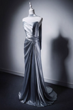 Elegant Light Gray Blue Mermaid Evening Gowns Strapless Satin Long Prom Dress Modest Sleeveless Formal Dress with Scarf HZ1121