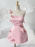 Trendy A Line Spaghetti Straps Blush Pink Satin Mini Short Formal 8th Grade Homecoming Dresses Summer Middle School Hoco Dress Homecoming Outfits HZ1121