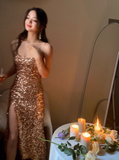 Sparkly Gold Spaghetti Strap Long Evening Gown Sheath 18th Birthday Dress Elegant Sequins Formal Dress Party Dress HZ1121