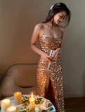 Sparkly Gold Spaghetti Strap Long Evening Gown Sheath 18th Birthday Dress Elegant Sequins Formal Dress Party Dress HZ1121