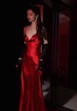 Modest Burgundy Spaghetti Strap Long Evening Gown Sheath Elegant Satin Formal Dress Open Back Party Dress HZ1121