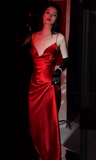 Modest Burgundy Spaghetti Strap Long Evening Gown Sheath Elegant Satin Formal Dress Open Back Party Dress HZ1121