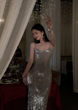 Modest Silver Spaghetti Strap Long Evening Gown Sheath Elegant Beaded Formal Dress Open Back Party Dress HZ1121