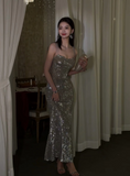 Modest Silver Spaghetti Strap Long Evening Gown Sheath Elegant Beaded Formal Dress Open Back Party Dress HZ1121