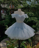 Pretty Ball Gown Off The Shoulder Light Sky Blue Short Formal 8th Grade Homecoming Dresses Summer Middle School Hoco Dress Homecoming Outfits HZ1121