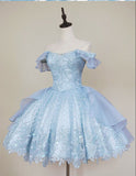 Pretty Ball Gown Off The Shoulder Light Sky Blue Lace Short Formal 8th Grade Homecoming Dresses Summer Middle School Hoco Dress 6th Grade Graduation Outfits HZ1121