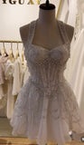 Fancy Short Hoco Dresses A line Halter Sequin Mini Formal 8th Grade Homecoming Dresses Summer Middle School White Homecoming Outfits HZ1121