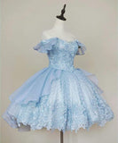 Pretty Ball Gown Off The Shoulder Light Sky Blue Lace Short Formal 8th Grade Homecoming Dresses Summer Middle School Hoco Dress 6th Grade Graduation Outfits HZ1121