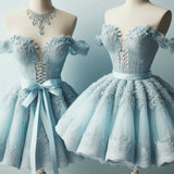 Cute Ball Gown Off The Shoulder Light Sky Blue Tulle Short Formal 8th Grade Homecoming Dresses Summer Middle School Hoco Dress Homecoming Outfits HZ1121
