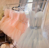 Cute Ball Gown Strapless Light Pink Tulle 8th Grade Dance Dresses Middle School Grad Outfits Homecoming Dresses Short Mini Hoco Dress HZ1121