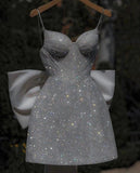 Cute A line Spaghetti Straps White Sequin Short Formal 8th Grade Homecoming Dresses Summer Middle School Hoco Dress Homecoming Outfits HZ1121