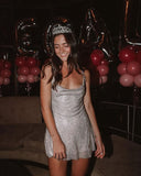 Pretty A line Spaghetti Straps Silver Sequin Short Formal 8th Grade Homecoming Dresses Summer Middle School Hoco Dress 6th Grade Graduation Outfits HZ1121