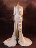 Elegant Wedding Dress Mermaid V Neck Summer Long Sleeves Satin White Wedding Dresses Bride Dress Bridal Gowns HZ1121