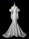 Elegant Wedding Dress Mermaid Strapless White Satin Summer Long Sleeves Wedding Dresses Bride Dress Bridal Gowns HZ1121
