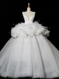 Elegant Wedding Dress Ball Gown V Neck White Tulle Summer Long Wedding Dresses Bride Dress Bridal Gowns HZ1121