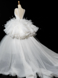 Elegant Wedding Dress Ball Gown V Neck White Tulle Summer Long Wedding Dresses Bride Dress Bridal Gowns HZ1121