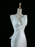 Pretty Wedding Dress Mermaid V Neck White Satin Long Vintage Wedding Dresses Bridal Gowns Brides Gown HZ1121
