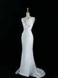 Pretty Wedding Dress Mermaid V Neck White Satin Long Vintage Wedding Dresses Bridal Gowns Brides Gown HZ1121