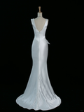 Pretty Wedding Dress Mermaid V Neck White Satin Long Vintage Wedding Dresses Bridal Gowns Brides Gown HZ1121