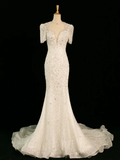 Pretty Wedding Dress Mermaid Sweetheart Short Sleeves Sequin Long Vintage Wedding Dresses Bridal Gowns Brides Gown HZ1121