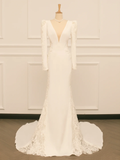 Pretty Wedding Dress Mermaid V Neck Ivory Lace Long Sleeves Backless Vintage Wedding Dresses Bridal Gowns Brides Gown HZ1121