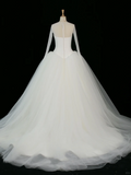 Elegant Wedding Dress Ball Gown Scoop Long Sleeves White Tulle Summer Wedding Dresses Bride Dress Bridal Gowns HZ1121