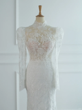 Pretty Wedding Dress Mermaid High Neck White Lace Long Sleeves Backless Vintage Wedding Dresses Bridal Gowns Brides Gown HZ1121