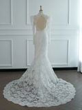 Pretty Wedding Dress Mermaid High Neck White Lace Long Sleeves Backless Vintage Wedding Dresses Bridal Gowns Brides Gown HZ1121