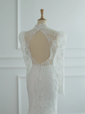 Pretty Wedding Dress Mermaid High Neck White Lace Long Sleeves Backless Vintage Wedding Dresses Bridal Gowns Brides Gown HZ1121