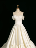 Pretty Wedding Dress Ball Gown Off The Shoulder Short Sleeves Satin Long Vintage Wedding Dresses Bridal Gowns Brides Gown HZ1121
