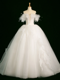 Elegant Wedding Dress Ball Gown Off The Shoulder Short Sleeves Tulle White Summer Long Wedding Dresses Bride Dress Bridal Gowns HZ1121