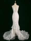 Pretty Wedding Dress Mermaid V Neck Sleeveless Lace Long Vintage Wedding Dresses Bridal Gowns Brides Gown HZ1121