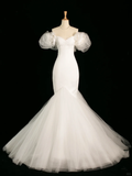 Pretty Wedding Dress Mermaid Off The Shoulder Short Sleeves Tulle Long Vintage Wedding Dresses Bridal Gowns Brides Gown HZ1121