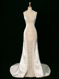 Chic Wedding Dress Mermaid Halter White Satin Sleeveless Long Vintage Wedding Dresses Bridal Gowns Brides Gown HZ1121