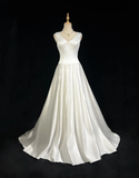 Vintage Wedding Dress A line V Neck White Satin Sleeveless Long Vintage Wedding Dresses Bridal Gowns Brides Gown HZ1121